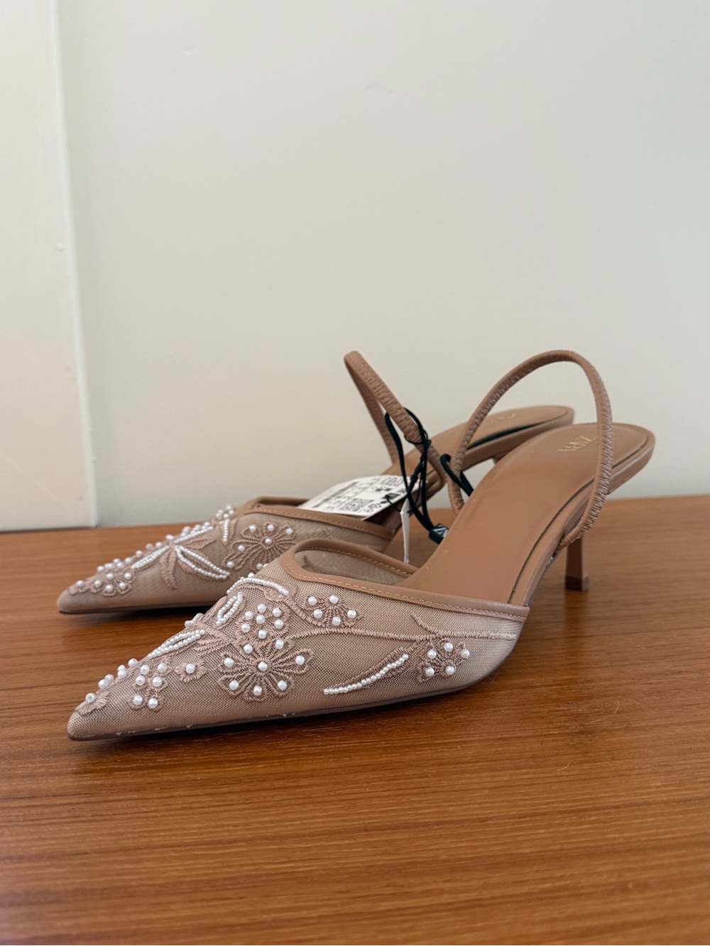 Zara Embellished Mesh Pointed Toe Slingback Kitten Heels Size 38